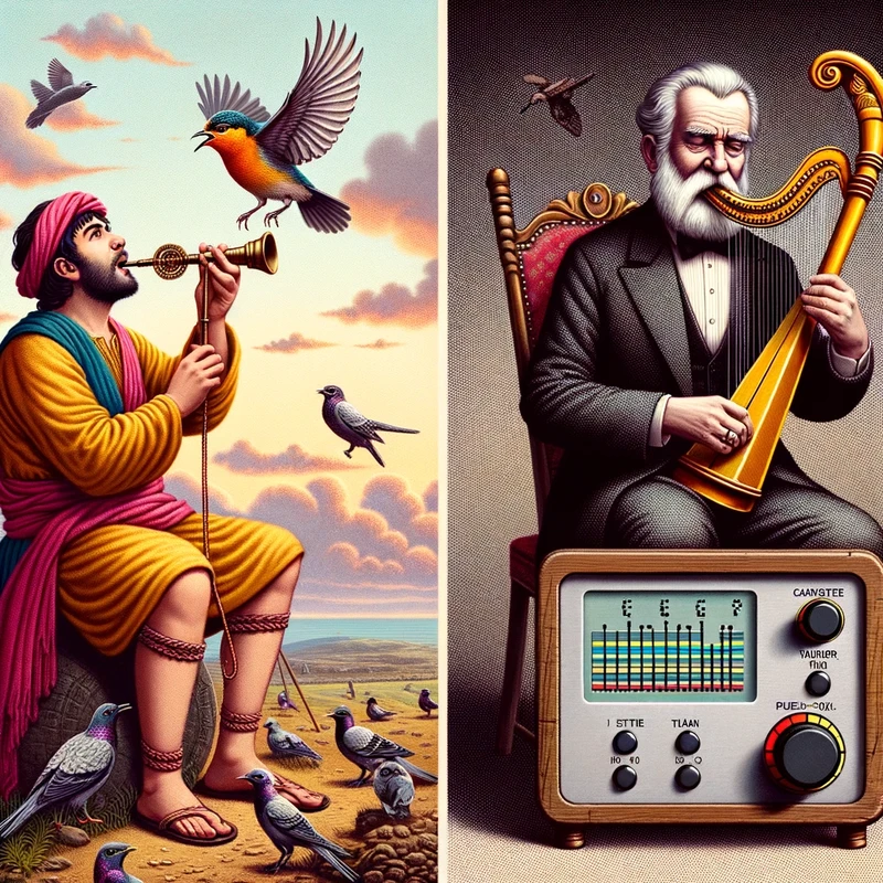 Illustration of a musician in ancient times tuning an instrument to a bird call, juxtaposed with a musician from the modern era using a digital tuner 