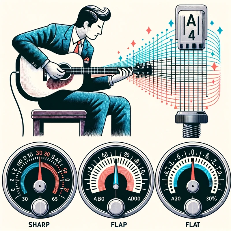 Illustration of a musician playing a note on a guitar, with the sound waves traveling to a digital tuner. The tuner displays the note ‘A4’ with arrows