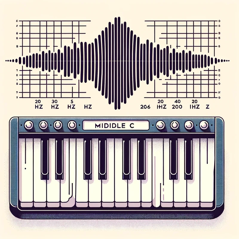 Illustration of a piano keyboard with Middle C highlighted. Above it, a wave representation shows the frequency of 261.6 Hz. On the side, a scale indi