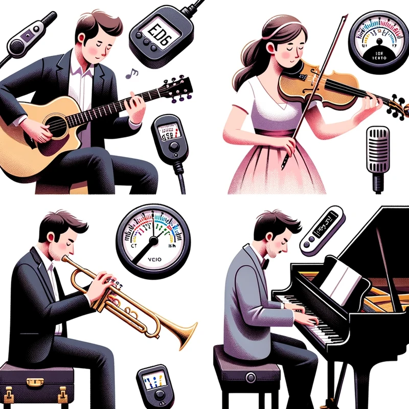 Illustration of four musicians  A guitarist using a clip-on tuner, a violinist with a specialized tuner attached to their instrument, a trumpeter refe