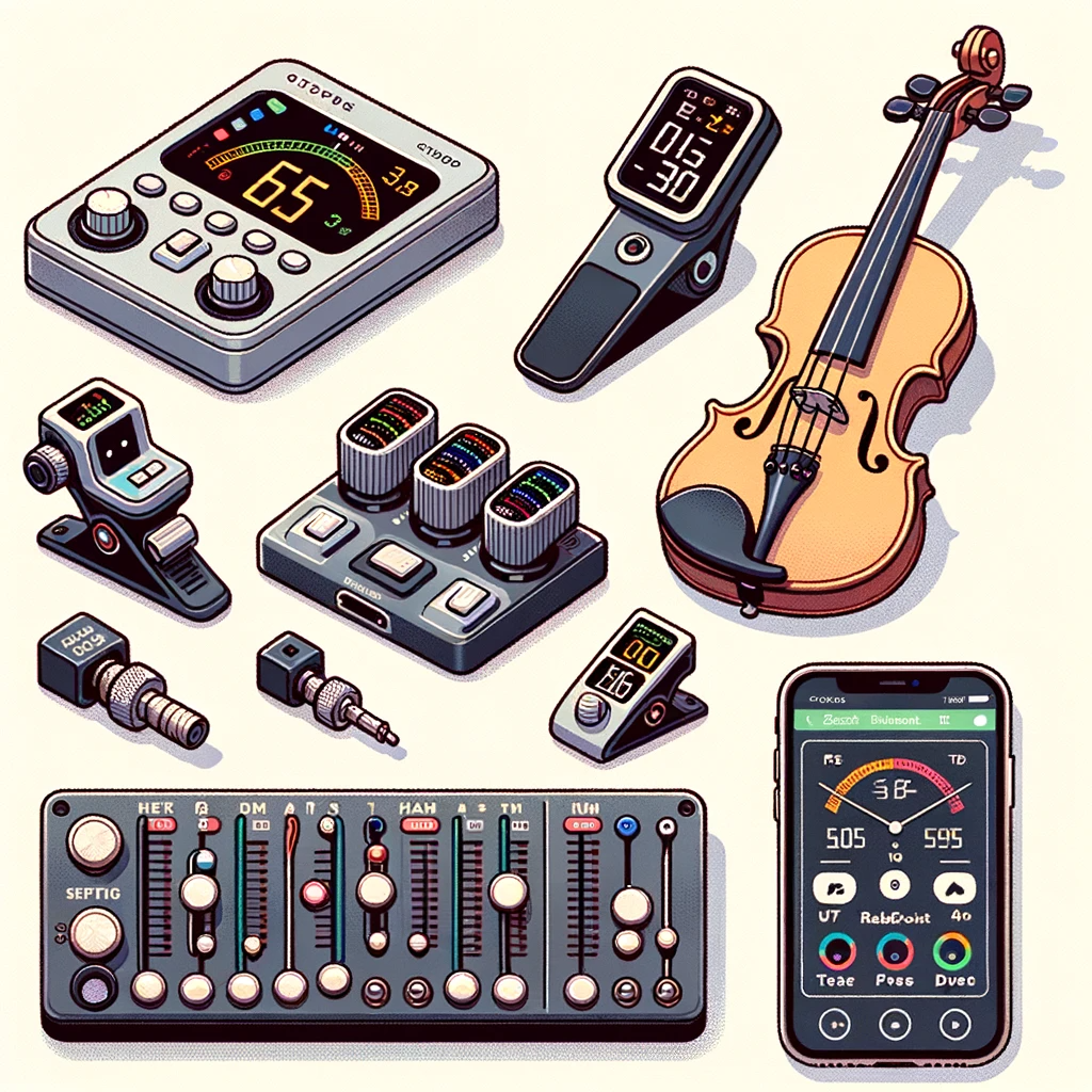Illustration of various types of tuners  a standalone digital tuner with a needle display, a clip-on tuner attached to a violin, a rackmount tuner on 