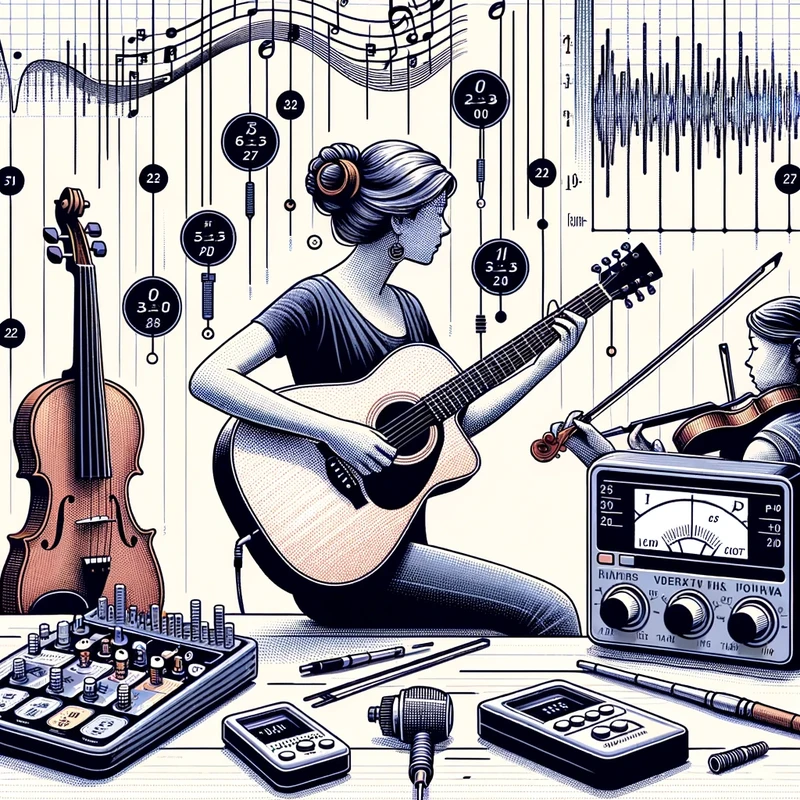 Illustration of a musician’s workspace. In the center, a guitar is propped up, with floating labels indicating the pitch and frequency for each string