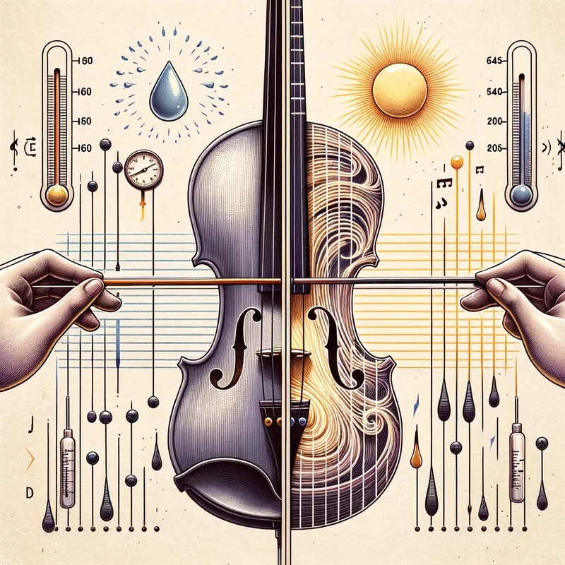 Illustration of a split scene. On one side, a violin with its strings lengthened and loosened, emanating deep, low-frequency waves, symbolizing lower 