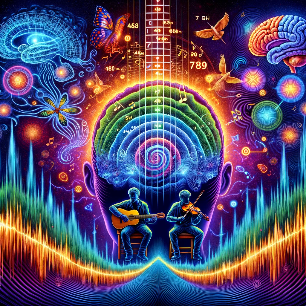 Illustration of a vibrant, multi-layered musical universe. The foreground showcases a guitarist and a violinist, their instruments emitting waves symb