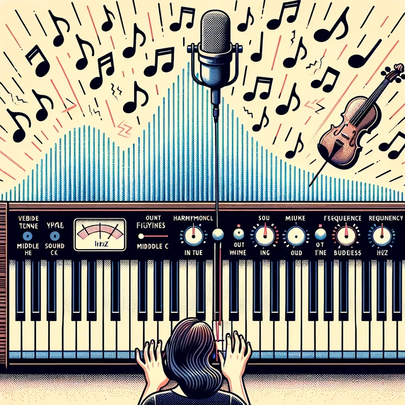 Vector illustration of a piano keyboard stretching across the canvas. Above the keys are floating musical notes, some producing harmonious waves indi